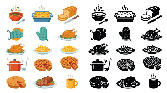 Collection of Thanksgiving and Holiday Food Icons in Color and Silhouette.