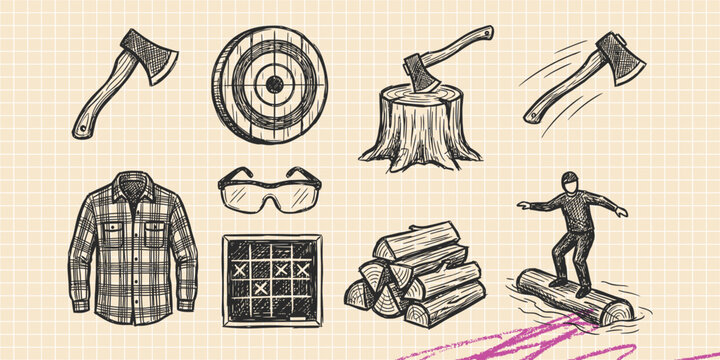 Hand drawn vintage black ink scribble doodle vector set of lumberjack woodcutting axe and timber icons for creative graphic design