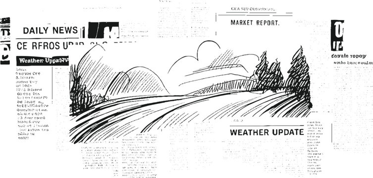 Newspaper clipping with of rolling hills and trees under a cloudy sky and weather update text landscape