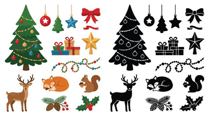 Naklejka premium Christmas Holiday Elements Collection with Colorful and Silhouette Designs.