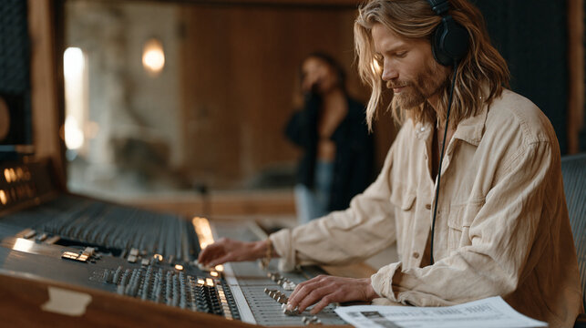 A sound engineer in a professional recording studio adjusts fader levels on a large analog mixing board, acoustic foam panels on every wall, a vocalist standing behind glass in