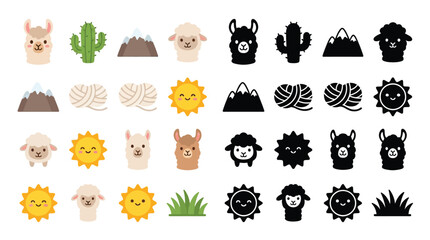 Collection of cute cartoon icons featuring llamas, sheep, cacti, mountains, suns, yarn, and grass. © Feldway