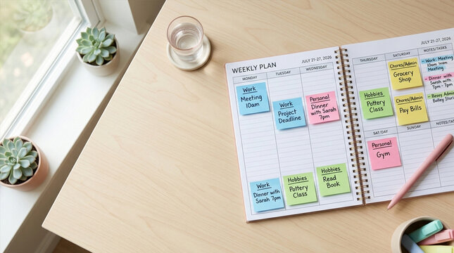 Weekly planner notebook with colorful sticky notes for goal tracking on wooden desk flat lay