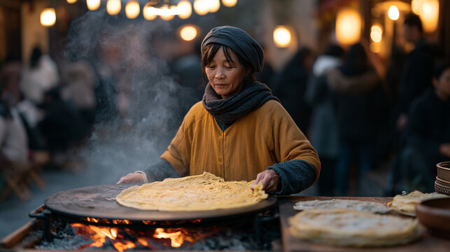 A Vietnamese street food vendor flips crisp rice flour crepes on a wide iron griddle set over glowing charcoal in a narrow laneway, curls of fragrant smoke rising past dangling