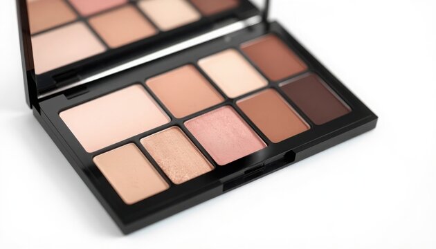Close-up of elegant makeup palette with soft neutral and pink shades on white background