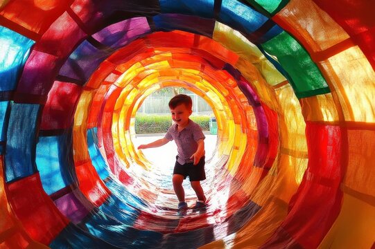 Young child joyfully exploring a vibrant rainbow fabric tunnel play structure lit by daylight, playful curiosity and movement
