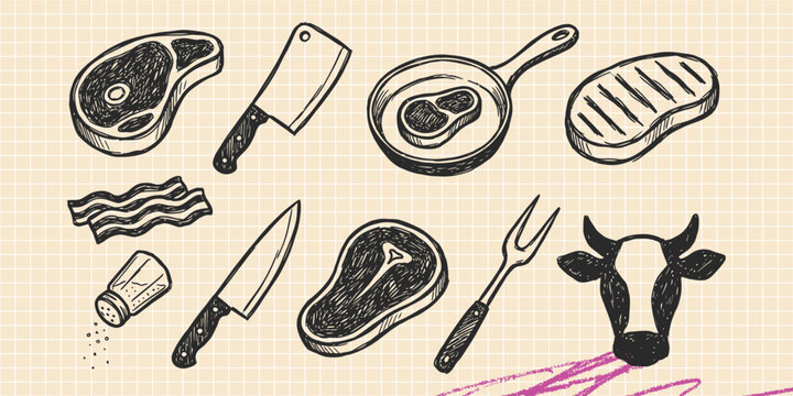Hand drawn vintage black ink scribble doodle vector set of meat bbq steak and cooking icons for creative graphic design