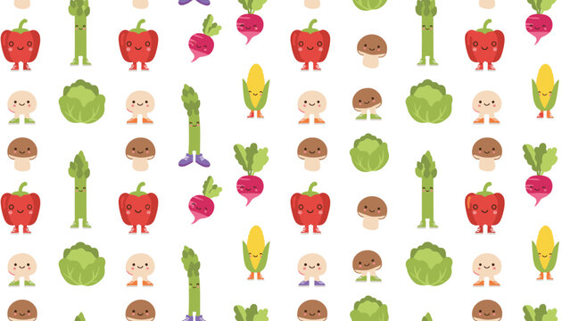 Seamless pattern of cute cartoon vegetable characters including peppers, radishes, corn, and mushrooms on white.