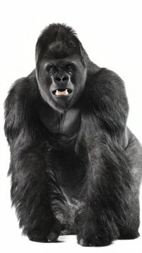 Close-up of a large gorilla looking intently towards the camera. The gorilla has dark fur and its expression conveys curiosity or awareness.
