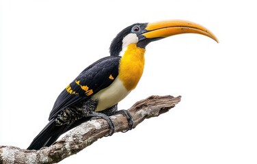 Naklejka premium colorful toucan with large yellow-orange bill perched on a weathered branch against a white background, alert and majestic