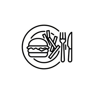 Hand drawn illustration of burger and crossed utensils on plate.