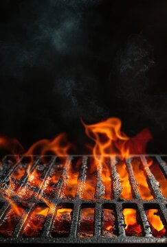 Close-up of glowing charcoal and orange flames licking a black metal grill grate, smoky intense heat and smoldering embers evoking primal warmth and anticipation