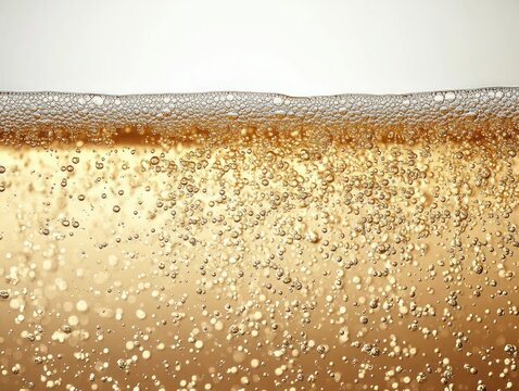 Close-up of effervescent golden beer with rising bubbles and frothy head, bright refreshing mood