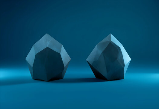 Two abstract geometric dodecahedron shapes in a dark teal blue studio setting with soft lighting and shadows, the objects feature a rough, faceted surface texture