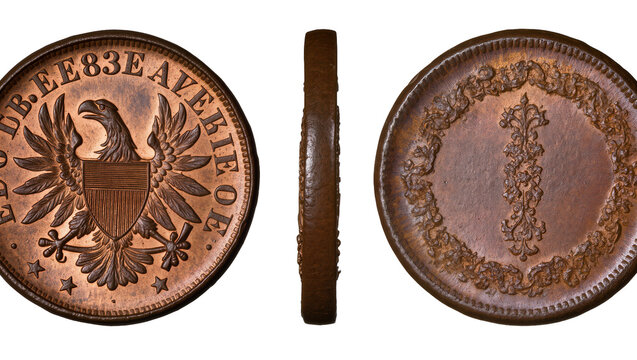 Isolated antique bronze coin with American eagle design and ornate number one, three views