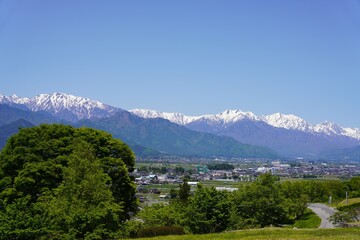 Fototapeta premium 信州 安曇野 あづみ野池田クラフトパークから望む残雪の北アルプスと新緑の安曇野 蓮華岳 爺ヶ岳 鹿島槍ヶ岳