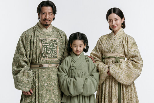 Chinese Family in Traditional Hanfu Full Body Isolated on White Background