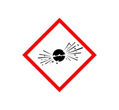 GHS exploding bomb pictogram with explosive hazard symbol in red diamond square. Safety label for explosive materials, chemical safety, blast hazards and hazardous materials