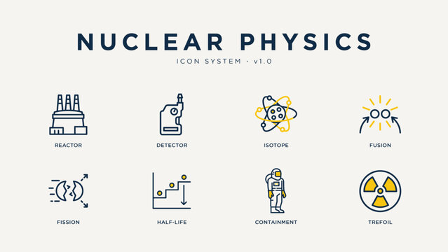 Nuclear reactor and fusion energy icons - Ideal for physics curriculum, green energy blogs, or scientific journals.
