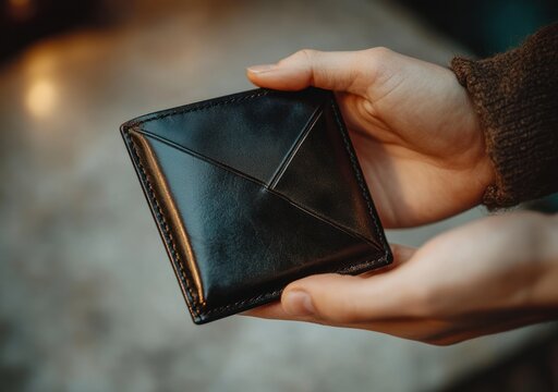 Close-up of hands gently holding a black leather wallet with stitched geometric flap, brown sweater sleeves and warm blurred background evoking quiet anticipation