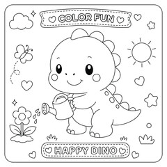 Happy Dinosaur Watering Flower Coloring Page For Kids  © J-MEDIA