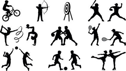 Obraz premium Kids Sports and Athletics Silhouette Set Featuring Basketball, Soccer, Tennis, Gymnastics, Baseball, Archery, and Ice Skating Vector Icons for Youth Activities