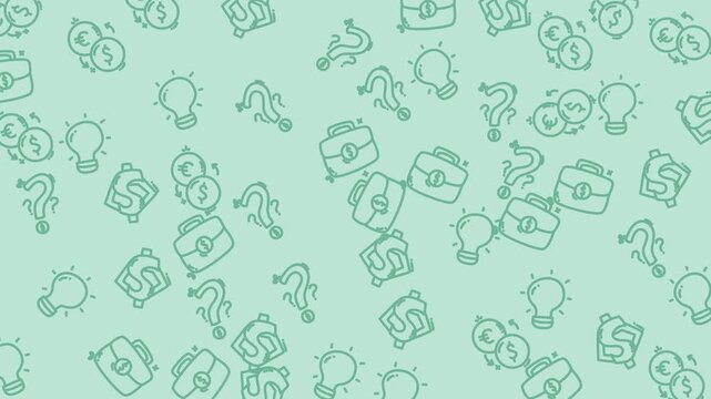 Business icons money symbols lightbulbs question marks currency signs doodle pattern green background. Suitable for business presentations and financial marketing materials.
