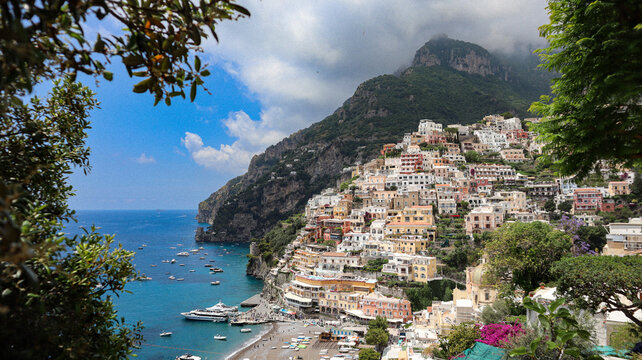 Scenic View of Positano on the Amalfi Coast Overlooking the Mediterranean Sea, Italy