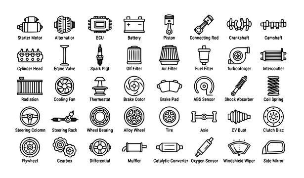 Title:
Car Components Editable Stroke Vector Icon Set for Automotive Workshop and Spare Parts Catalog