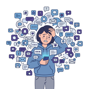 Social Media Overload Stress Woman Holding Smartphone Surrounded by Icons