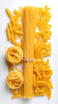 A neatly arranged assortment of various types of pasta on a white surface