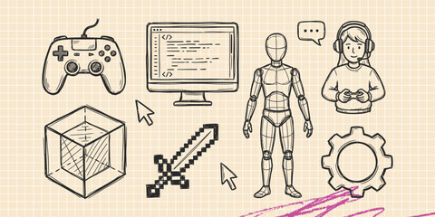 Hand drawn vintage black ink scribble doodle vector set of gaming esports console and video icons for creative graphic design © Broke Stoke
