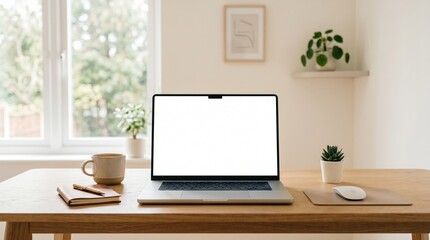 Fototapeta premium front view laptop mockup with white screen on wooden desk near window