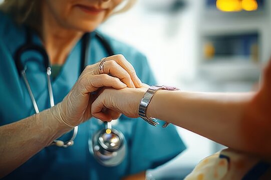 medical professional gently holding a patient&rsquo;s wrist to check pulse with stethoscope visible, conveying compassion and supportive bedside care