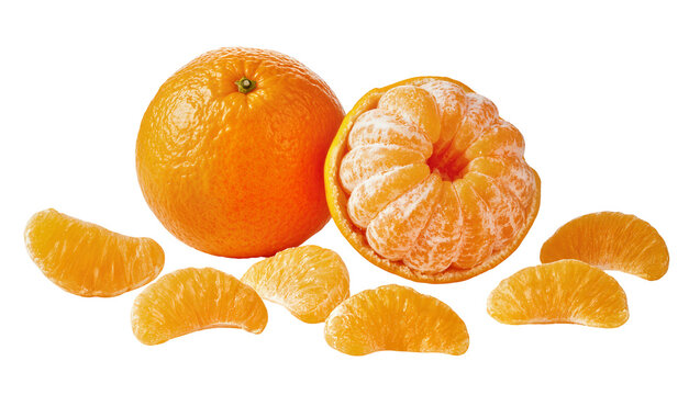 Isolated whole and partially peeled ripe mandarins with fresh sweet juicy fruit segments