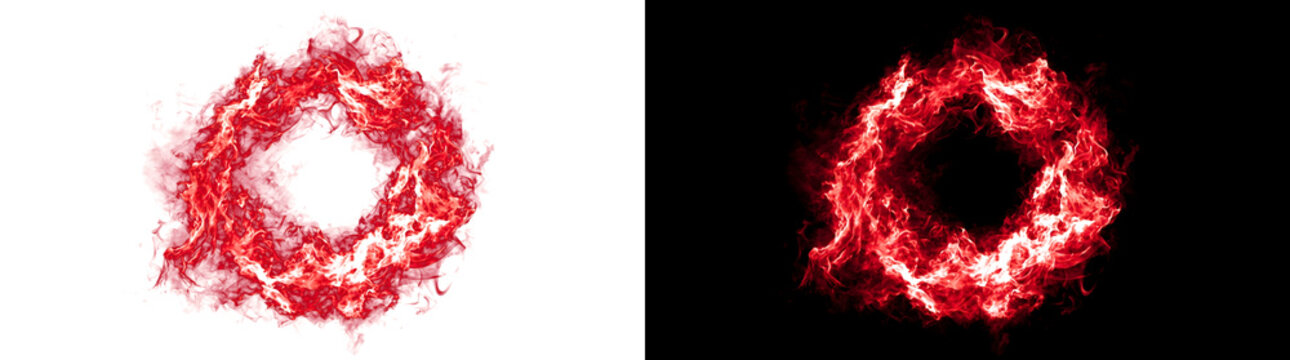 Red fire ring shaped flame effect with burning circle texture for cinematic overlays in PNG, Transparent and Black Background Versions