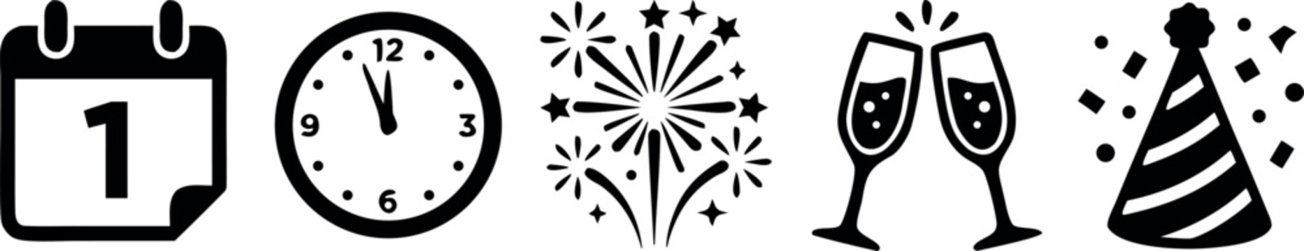 New Year celebration icon set with calendar, clock, fireworks, champagne glasses and party hat