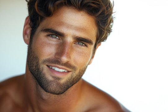 shirtless person with wavy hair and blurred face, bare shoulders and upper torso on a bright white background, relaxed ambiguous emotion