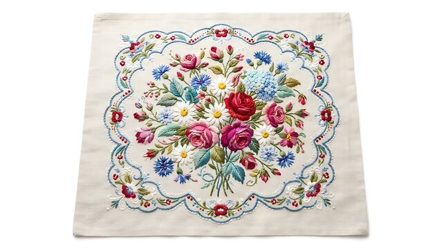 Beautiful floral embroidery on a square fabric piece isolated on white background