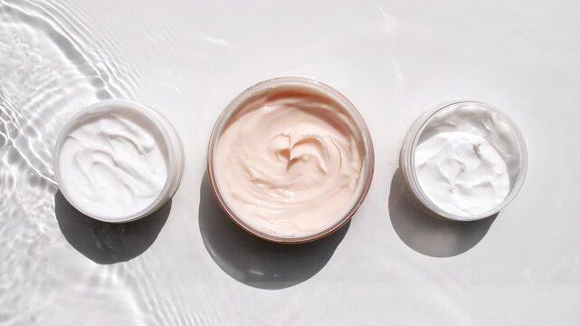 A jar of white cream on a water surface. Splash of water, sunlight and shadows. Layout for advertising goods, cosmetic products. Medical skin care, body care. High quality 4k footage