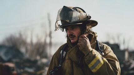 Fototapeta premium Firefighter working at the scene of a fire, engaging in communication and planning