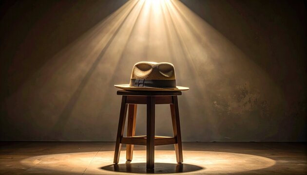 A fedora rests atop a wooden stool under a spotlight, casting dramatic shadows on the textured wall behind