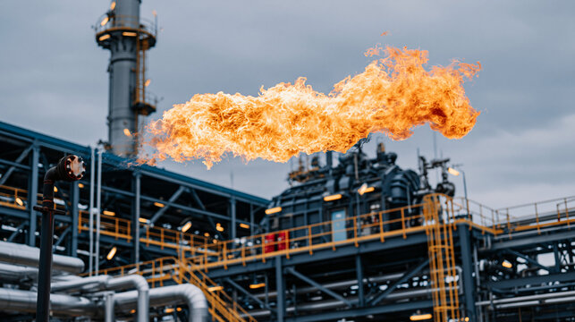 Industrial gas flare stack burning with a bright controlled flame above a modern energy production facility, heavy machinery, steel pipelines and processing equipment operating safely, environmental