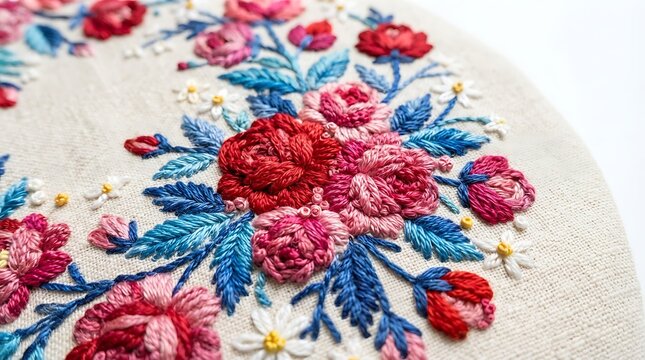 Closeup of intricate floral embroidery featuring vibrant red and pink roses with blue leaves on a textured linen fabric background