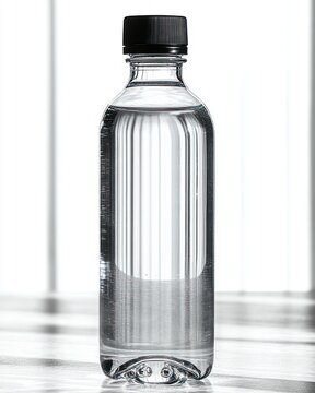 clear plastic water bottle with black cap on reflective surface in bright backlit minimalist scene conveying calm freshness