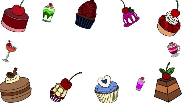 Diverse desserts and sweet drinks cartoon animation. Food illustration video motion graphic.