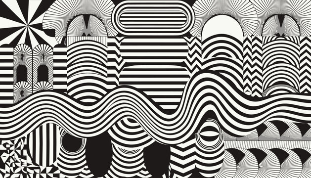 Abstract Geometric Pattern with Optical Illusions, Black and White