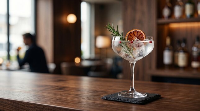 A refreshing gin and tonic cocktail, garnished with a slice of dried orange and rosemary sprig, sits on a polished wooden bar counter in a dimly lit, sophisticated establishment.