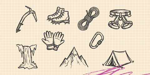 Hand drawn vintage black ink scribble doodle vector set of outdoor camping tent and survival icons for creative graphic design © Broke Stoke