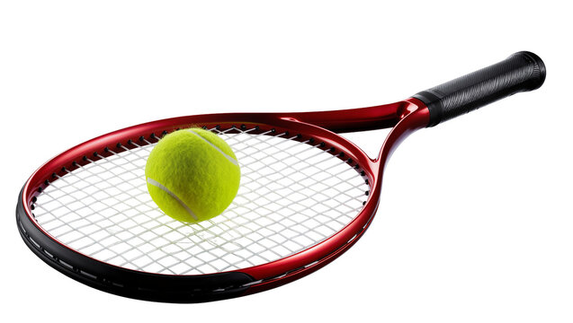 Isolated tennis racket with a vibrant yellow-green tennis ball on its strings, sport equipment
